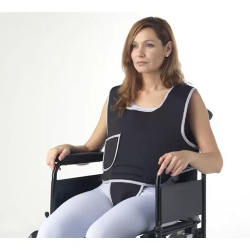 Betegrögzítő mellény medencetámasszal kereksszékbe 