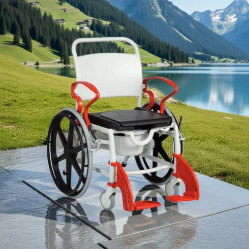 Genf önhajtós nagy teherbírású gördíthető szoba wc zuhanyszék egyben 130 kg