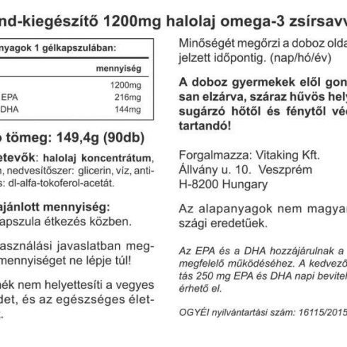 Vitaking Omega-3 halolaj 90 darabos 1200MG gélkapszula