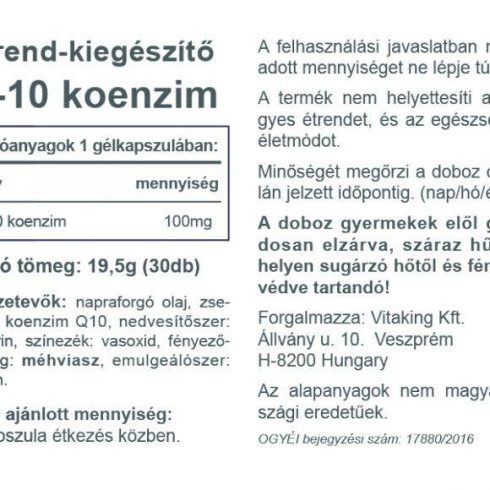 Vitaking Q-10 Koenzim 60MG 60 darabos gélkapszula
